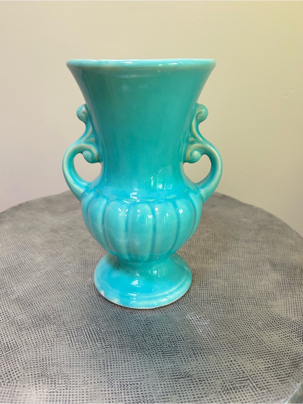 Vintage Aqua 8” Urn Double Scroll Handled Vase